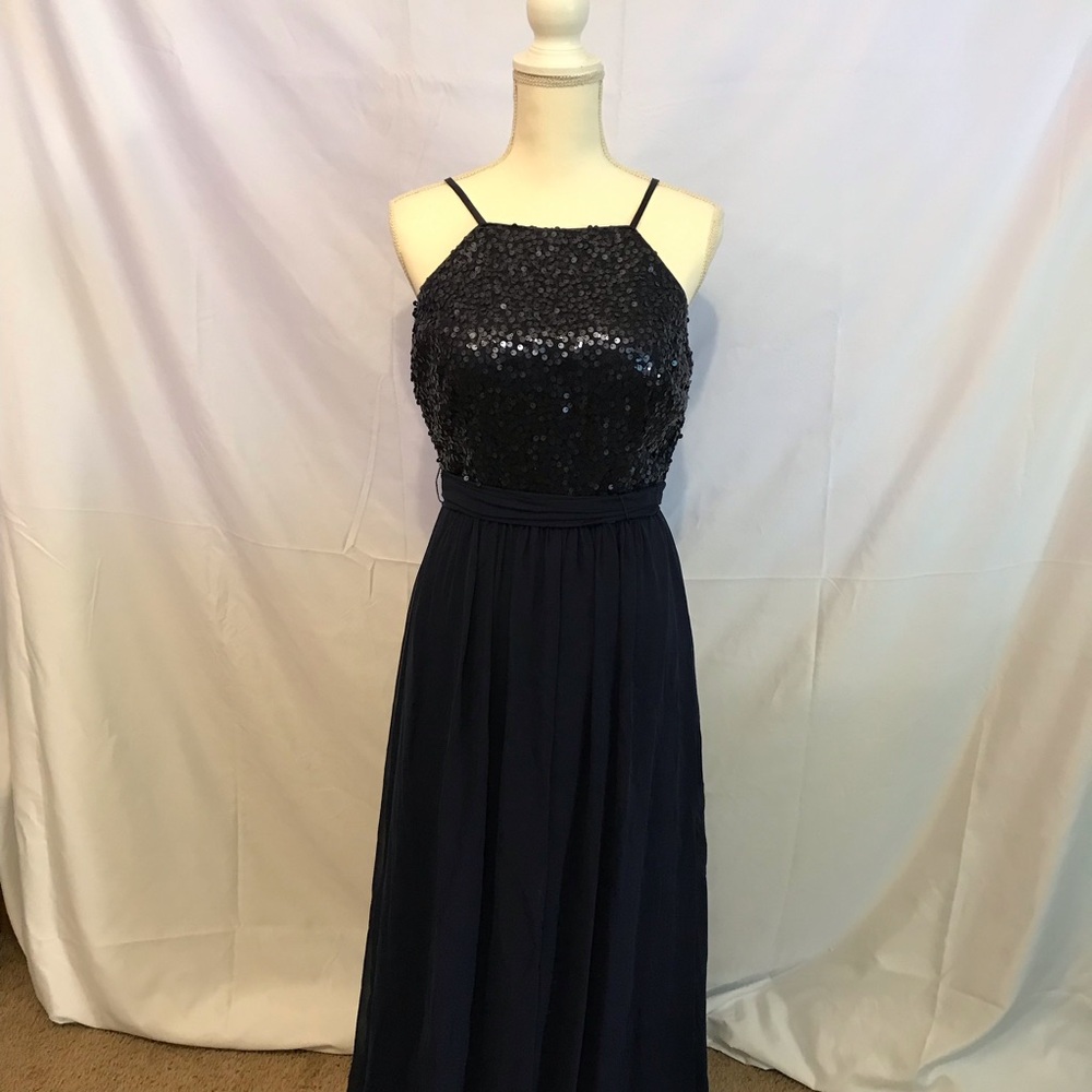 Reverie Navy Blue Sequin and Chiffon Bridesmaid Formal Dress with Tie Size 12